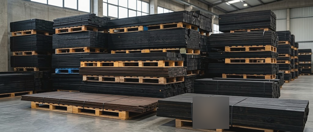 Perfiles de madera plástica apilados en bodega — Madera Plástica W
